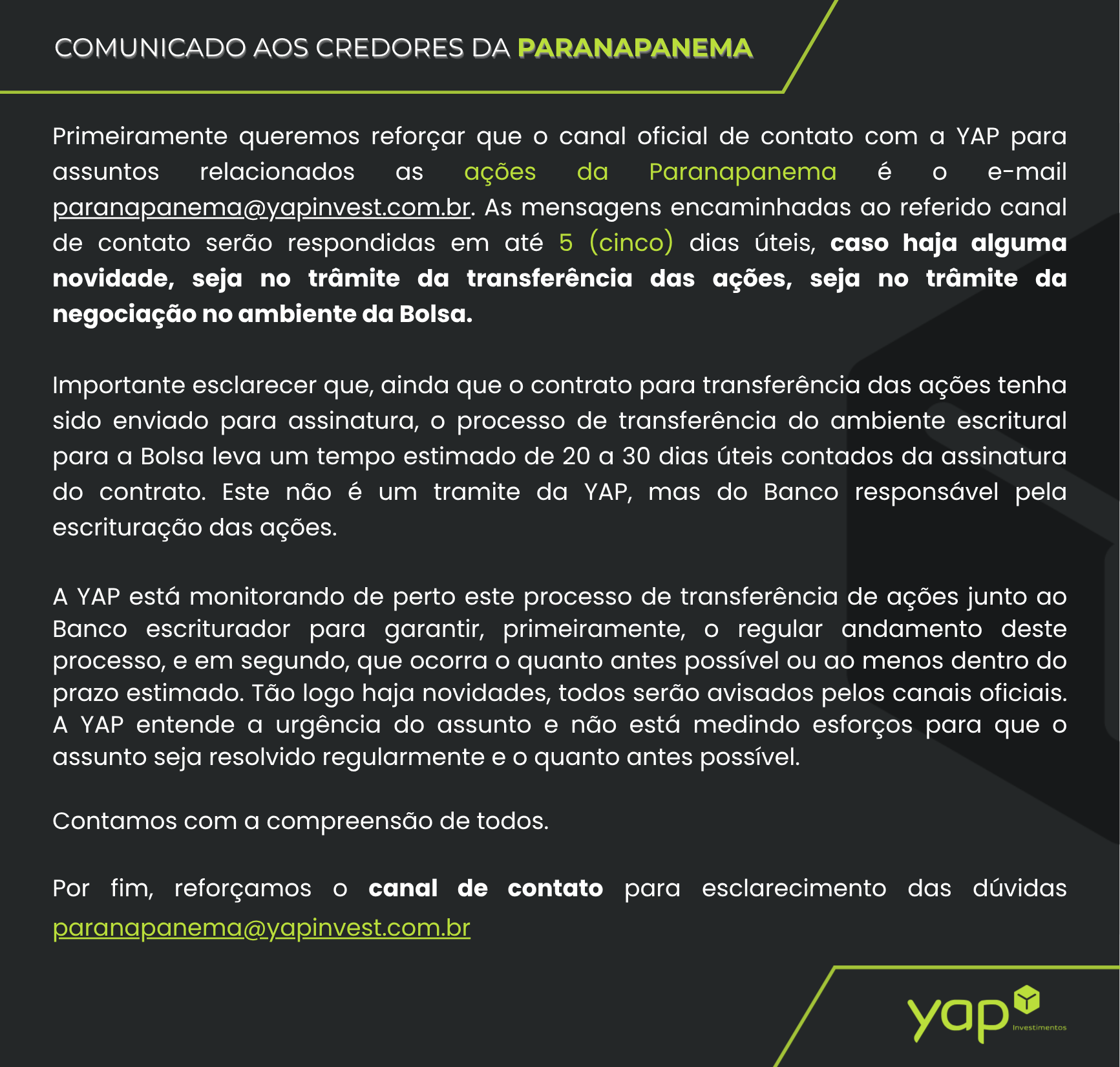 Comunicado aos Credores da Paranapanema